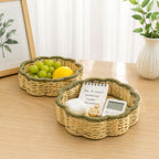 Scallop Trim Wicker Storage Baskets Set of 2, Handwoven Rattan Organizer Baskets with Handles for Fruit, Snacks & Desk Table Decor -ZENG-091814