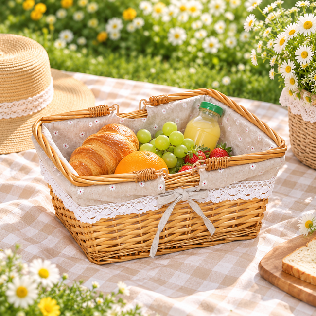 Handwoven Wicker Storage Basket with Floral Liner & Lace Trim, Rectangular Woven Organizer Basket with Foldable Handles for Home Decor -ZENG-091604 Hover Image