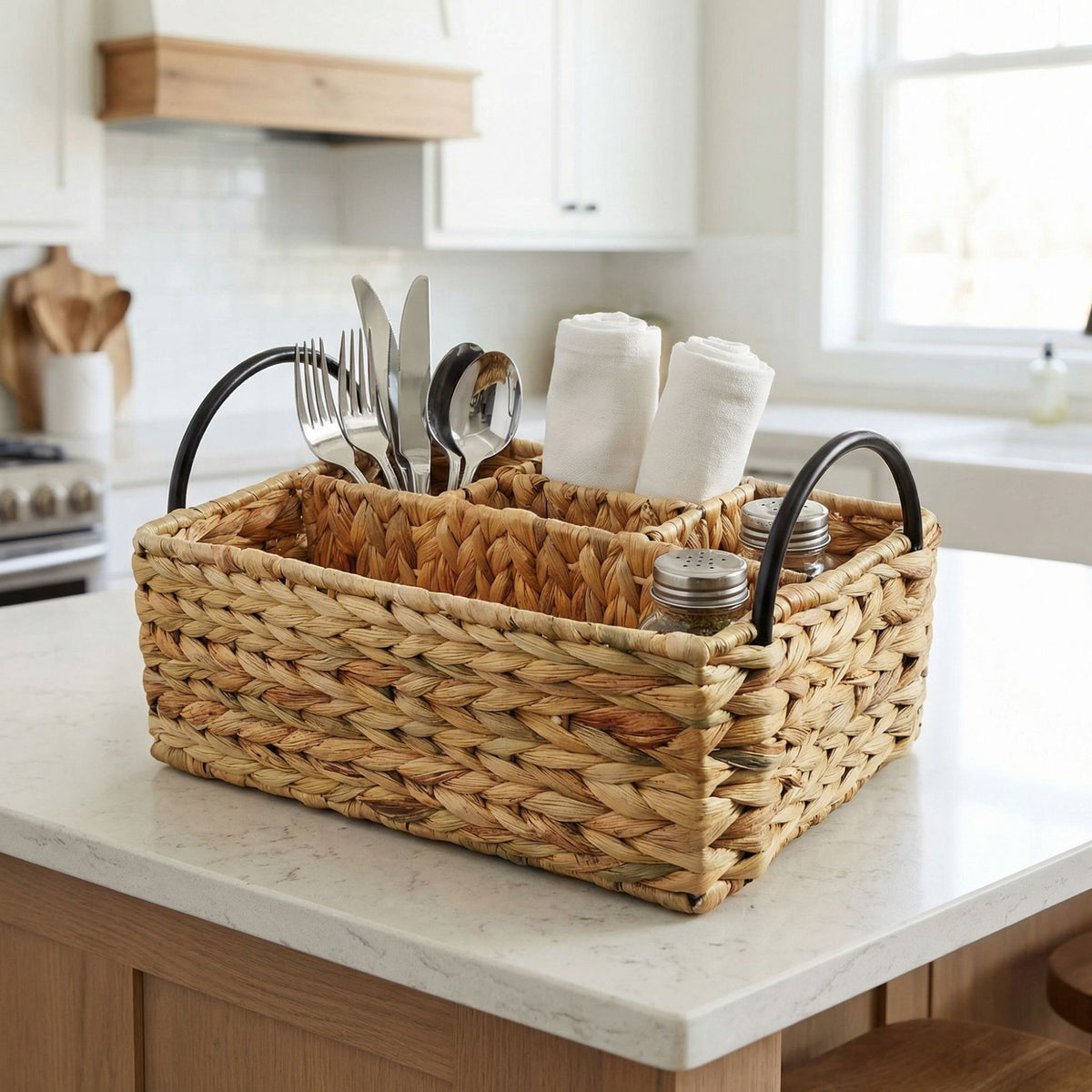 Woven Utensil Caddy with Handles, Multi-Compartment Kitchen Organizer for Flatware, Condiments, BBQ Tools & Tabletop Storage-cc-091814