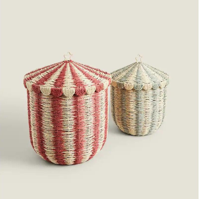Woven Storage Basket with Lid – Decorative Striped Toy Hamper for Nursery, Bedroom & Living Room-091626-cc