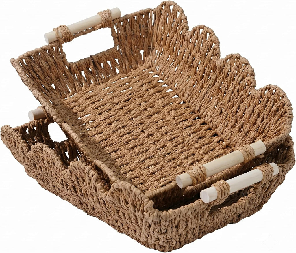 Scalloped Gift Baskets with Wooden Handles - Set of 2