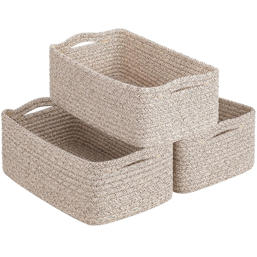 White & Brown Woven Storage Baskets - Set of 3