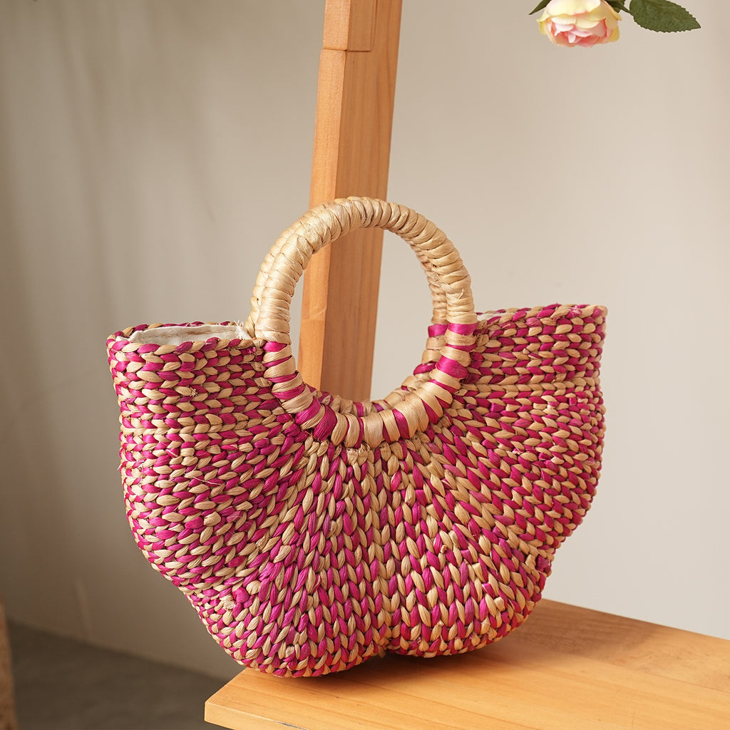 Handwoven Water Hyacinth Tote Bag for Women – Pink Natural Woven Handbag with Round Handles for Beach, Travel & Summer Outfits-cc-091710