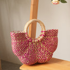 Handwoven Water Hyacinth Tote Bag for Women – Pink Natural Woven Handbag with Round Handles for Beach, Travel & Summer Outfits-cc-091710