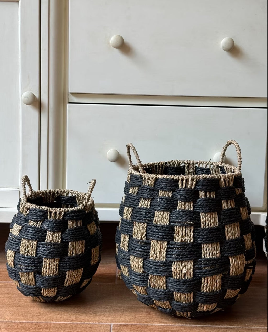 Black & Natural Woven Storage Basket Set with Handles – Decorative Floor Organizer for Living Room, Bedroom & Home-091618-cc