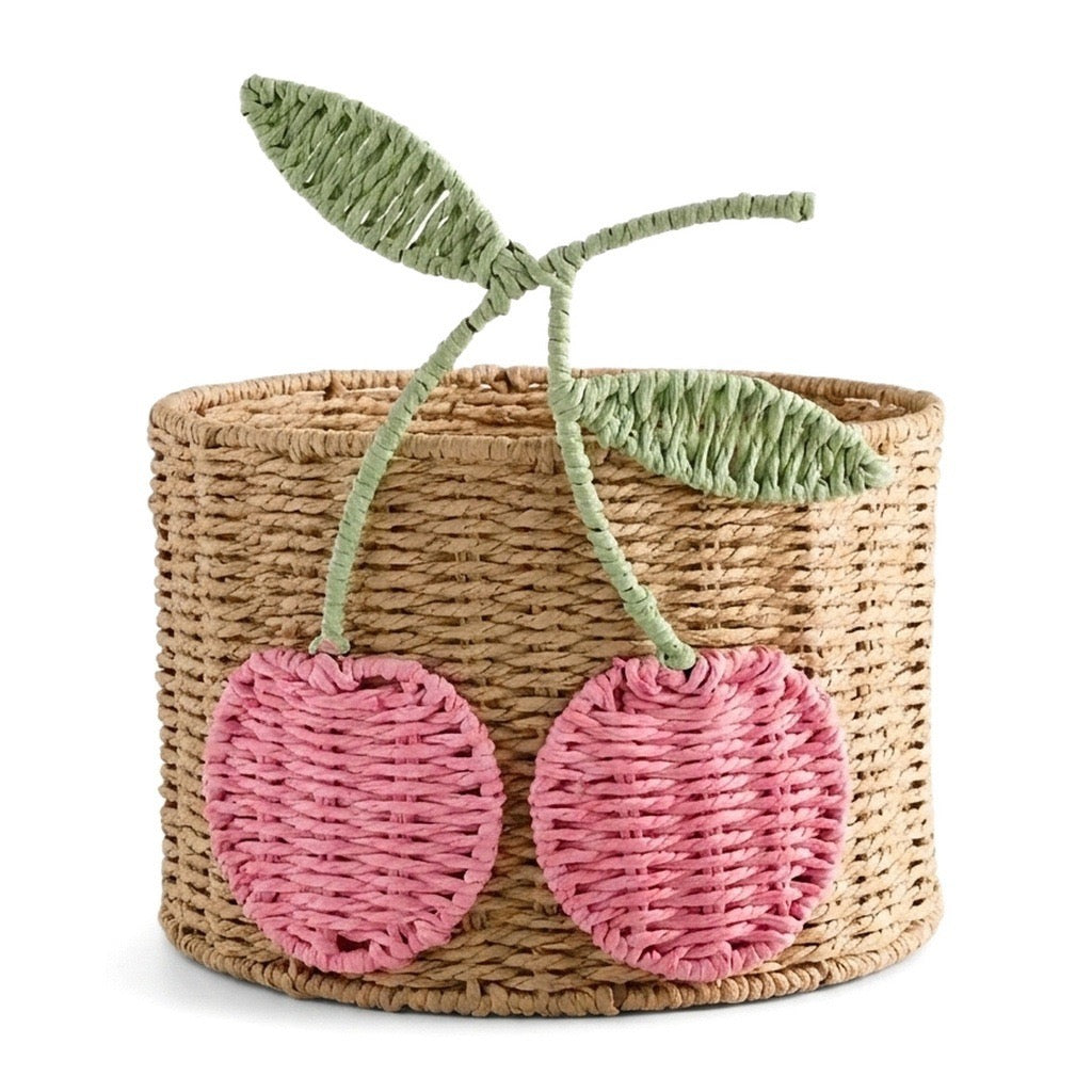 Cherry Woven Storage Basket, Cute Round Organizer Bin for Desk, Nursery, Bedroom & Kids Room-cc-091812