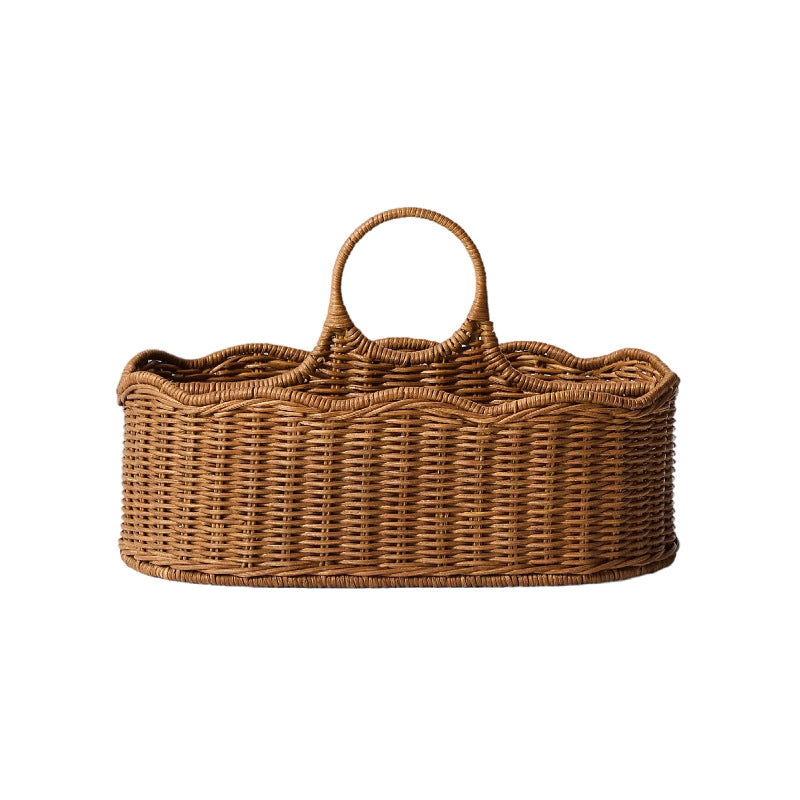 Boho Handwoven Wicker Basket with Handles, Natural Rattan Serving Basket with Wooden Bead Accent for Dried Flowers, Fruits & Coffee Table Decor -ZENG-091708