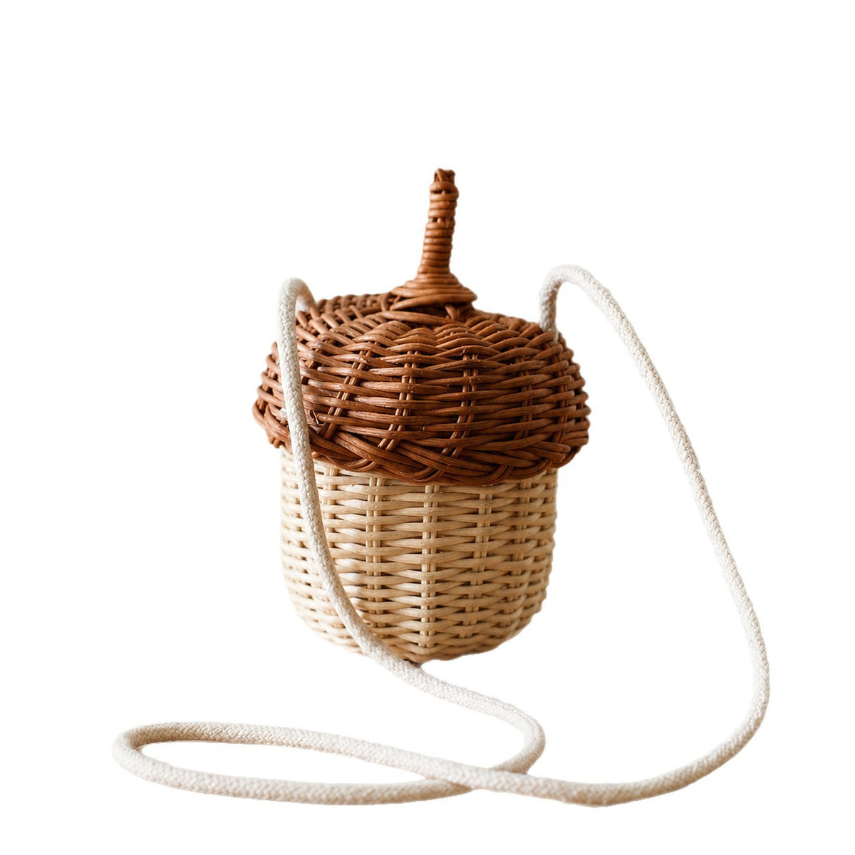 Acorn Shaped Wicker Basket with Lid & Cotton Ties, Handmade Rattan Keepsake Box with Stem Handle for Jewelry, Candy & Forest Decor -ZENG-091815