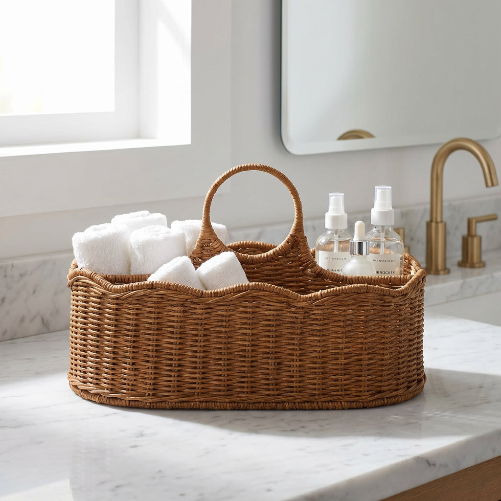 Boho Handwoven Wicker Basket with Handles, Natural Rattan Serving Basket with Wooden Bead Accent for Dried Flowers, Fruits & Coffee Table Decor -ZENG-091708