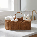 Boho Handwoven Wicker Basket with Handles, Natural Rattan Serving Basket with Wooden Bead Accent for Dried Flowers, Fruits & Coffee Table Decor -ZENG-091708
