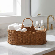 Boho Handwoven Wicker Basket with Handles, Natural Rattan Serving Basket with Wooden Bead Accent for Dried Flowers, Fruits & Coffee Table Decor -ZENG-091708