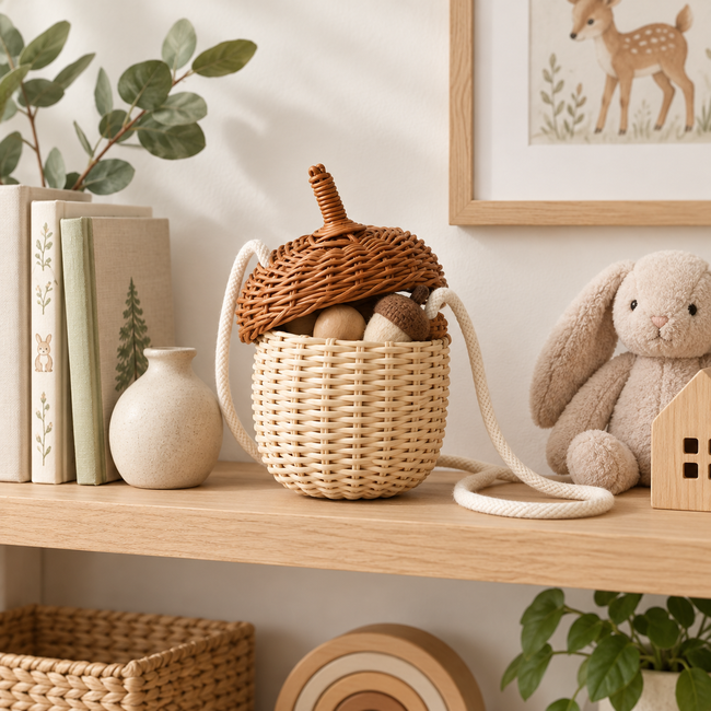 Acorn Shaped Wicker Basket with Lid & Cotton Ties, Handmade Rattan Keepsake Box with Stem Handle for Jewelry, Candy & Forest Decor -ZENG-091815 Hover Image
