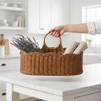 Boho Handwoven Wicker Basket with Handles, Natural Rattan Serving Basket with Wooden Bead Accent for Dried Flowers, Fruits & Coffee Table Decor -ZENG-091708