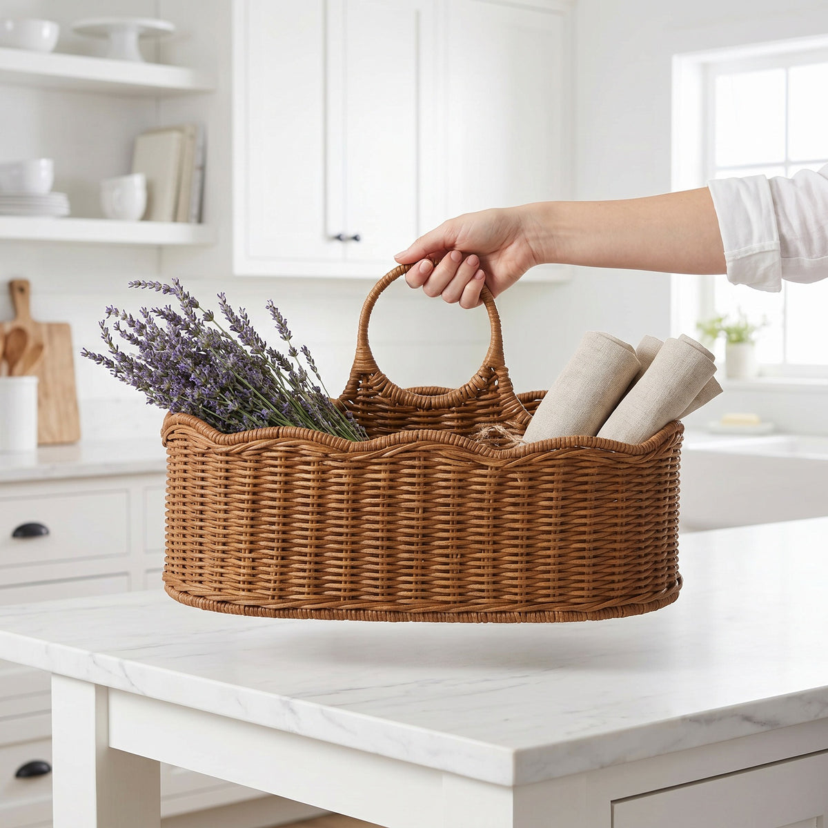 Boho Handwoven Wicker Basket with Handles, Natural Rattan Serving Basket with Wooden Bead Accent for Dried Flowers, Fruits & Coffee Table Decor -ZENG-091708