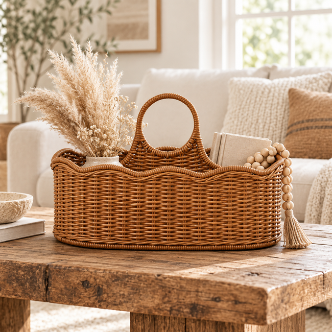 Boho Handwoven Wicker Basket with Handles, Natural Rattan Serving Basket with Wooden Bead Accent for Dried Flowers, Fruits & Coffee Table Decor -ZENG-091708 Hover Image