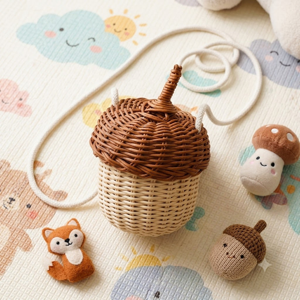 Acorn Shaped Wicker Basket with Lid & Cotton Ties, Handmade Rattan Keepsake Box with Stem Handle for Jewelry, Candy & Forest Decor -ZENG-091815