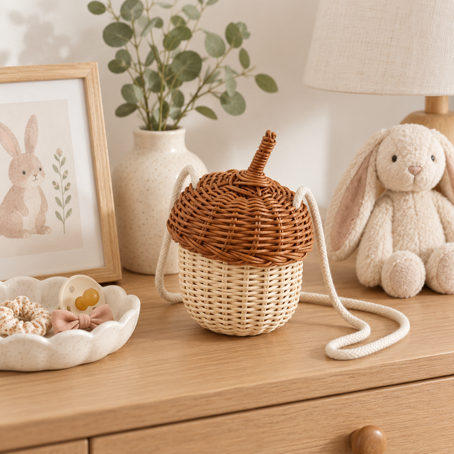 Acorn Shaped Wicker Basket with Lid & Cotton Ties, Handmade Rattan Keepsake Box with Stem Handle for Jewelry, Candy & Forest Decor -ZENG-091815 Main Image