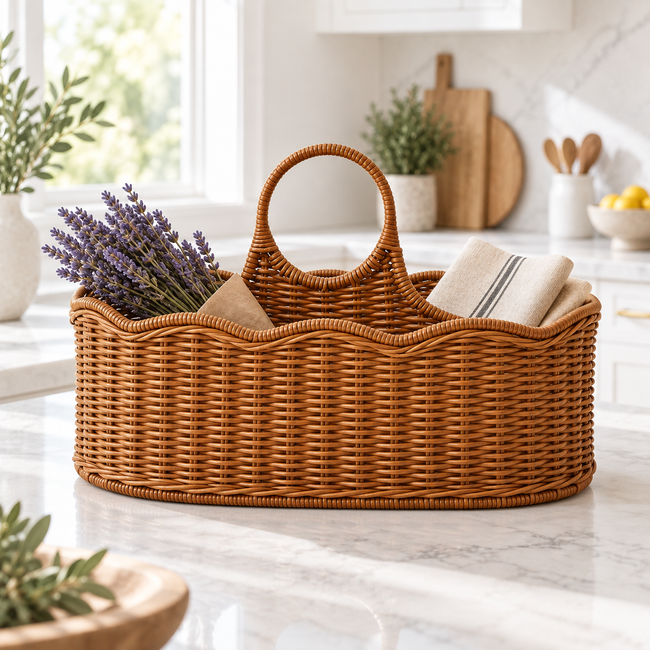 Boho Handwoven Wicker Basket with Handles, Natural Rattan Serving Basket with Wooden Bead Accent for Dried Flowers, Fruits & Coffee Table Decor -ZENG-091708 Main Image