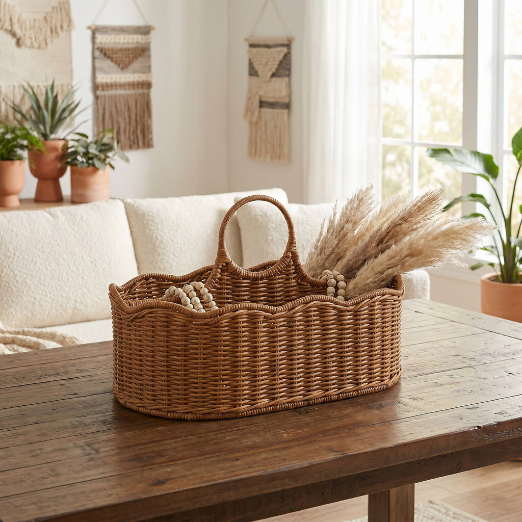 Boho Handwoven Wicker Basket with Handles, Natural Rattan Serving Basket with Wooden Bead Accent for Dried Flowers, Fruits & Coffee Table Decor -ZENG-091708