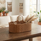 Boho Handwoven Wicker Basket with Handles, Natural Rattan Serving Basket with Wooden Bead Accent for Dried Flowers, Fruits & Coffee Table Decor -ZENG-091708
