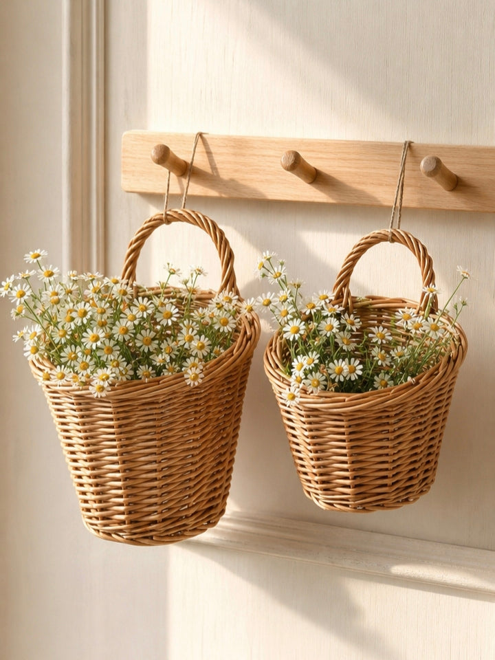 Handwoven Wicker Wall Hanging Basket with Handle, Rustic Hanging Woven Storage Basket for Kitchen, Farmhouse Wall Decor & Dried Flower Display -ZENG-091606