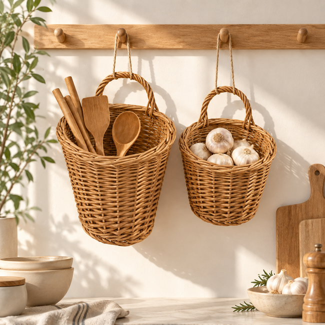 Handwoven Wicker Wall Hanging Basket with Handle, Rustic Hanging Woven Storage Basket for Kitchen, Farmhouse Wall Decor & Dried Flower Display -ZENG-091606 Main Image