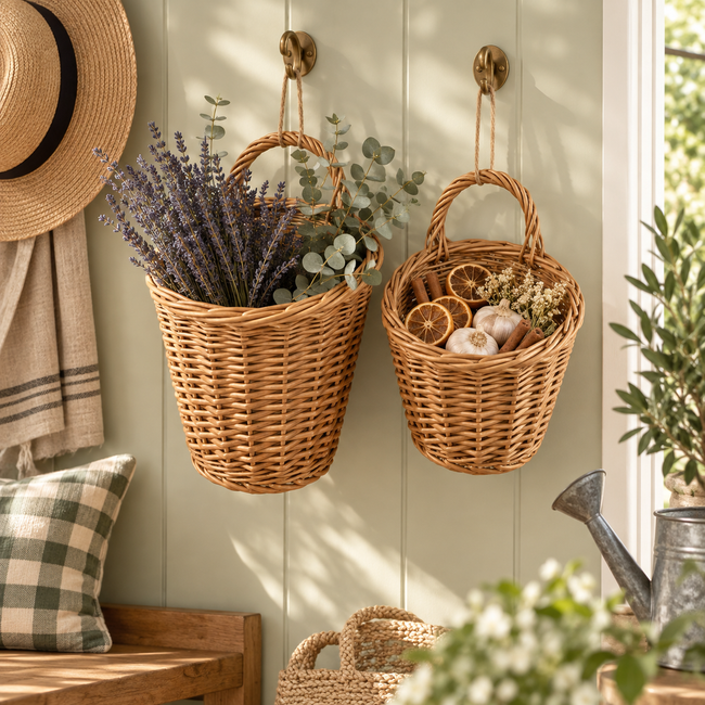 Handwoven Wicker Wall Hanging Basket with Handle, Rustic Hanging Woven Storage Basket for Kitchen, Farmhouse Wall Decor & Dried Flower Display -ZENG-091606 Hover Image
