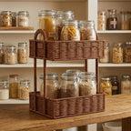 2-Tier Woven Storage Organizer with Handles – Countertop Basket Shelf for Kitchen, Pantry, Bathroom & Vanity-cc-091714