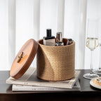 Round Woven Storage Basket with Lid – Decorative Organizer for Vanity, Bathroom, Bedroom & Living Room-cc-091715