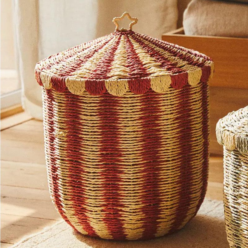 Woven Storage Basket with Lid – Decorative Striped Toy Hamper for Nursery, Bedroom & Living Room-091626-cc