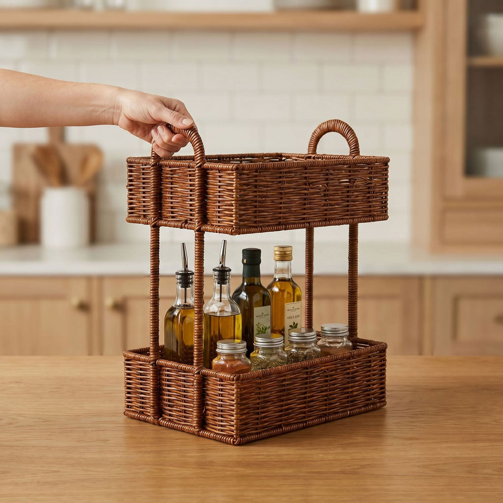 2-Tier Woven Storage Organizer with Handles – Countertop Basket Shelf for Kitchen, Pantry, Bathroom & Vanity-cc-091714