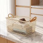 Woven Storage Basket with Handles | Open Weave Decorative Organizer for Shelves, Bedroom & Living Room-cc-092009