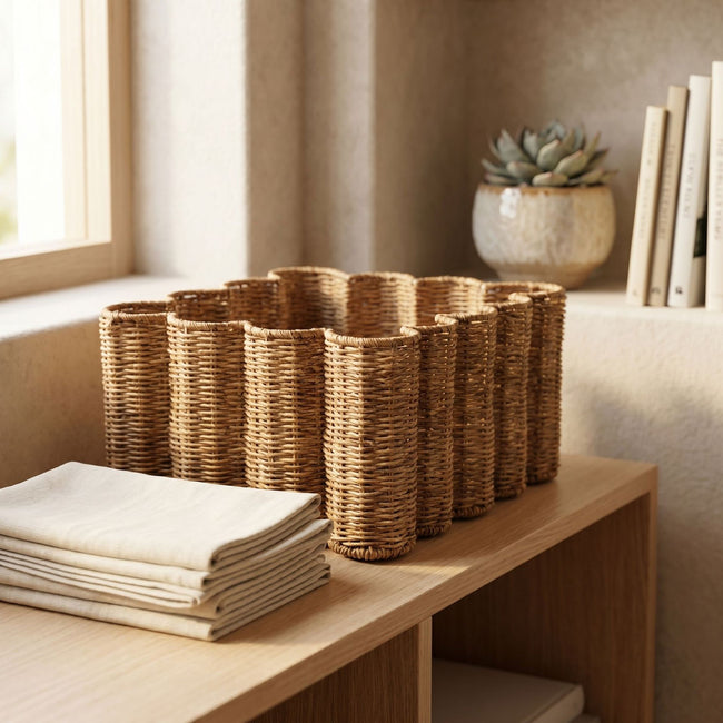 Scalloped Woven Storage Basket | Decorative Wicker Organizer for Living Room, Bedroom & Home Storage-cc-092010 Hover Image
