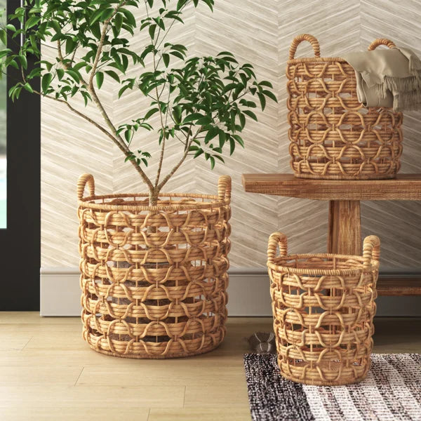 Handcrafted brown seagrass storage basket with handles - 3-piece set