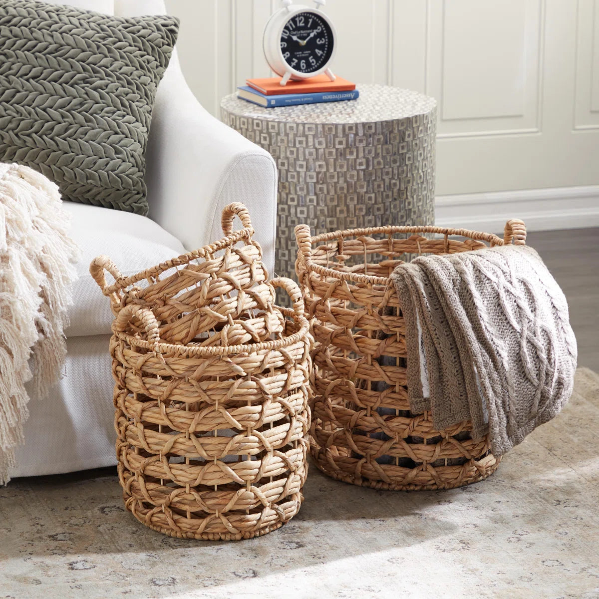 Handcrafted brown seagrass storage basket with handles - 3-piece set