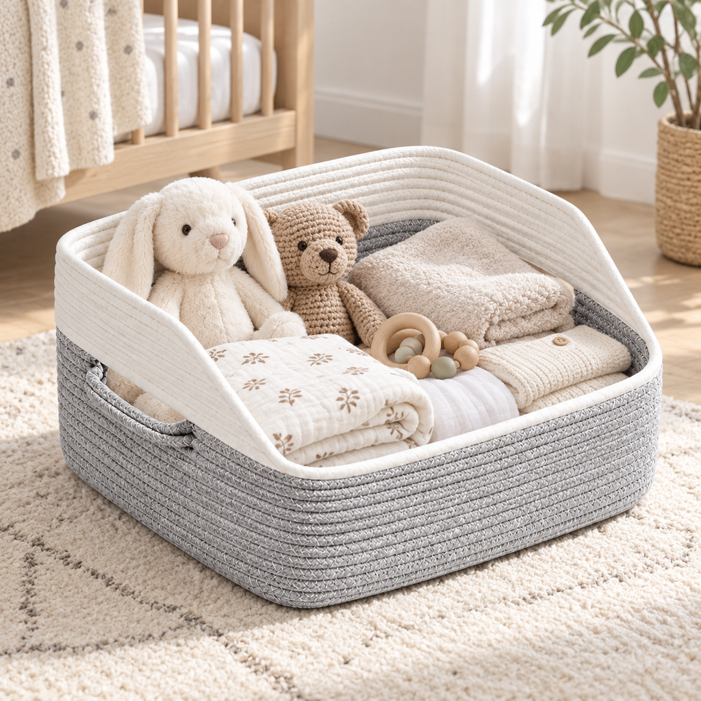 Handwoven Cotton Rope Storage Tray with Recessed Handles - Gray and White Braided Organizer Tray for Cosmetics, Jewelry, Keys and Desk Supplies, 11 x 16.1 x 7.5 Inches -ZENG-091803