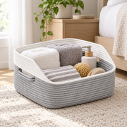 Handwoven Cotton Rope Storage Tray with Recessed Handles - Gray and White Braided Organizer Tray for Cosmetics, Jewelry, Keys and Desk Supplies, 11 x 16.1 x 7.5 Inches -ZENG-091803