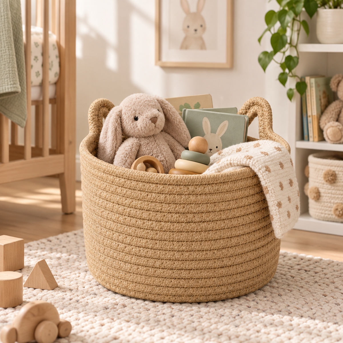 Handwoven Cat-Ear Shaped Storage Basket - Natural Straw Woven Toy Basket with Side Holes for Kids' Toys, Laundry and Home Organization -ZENG-091804