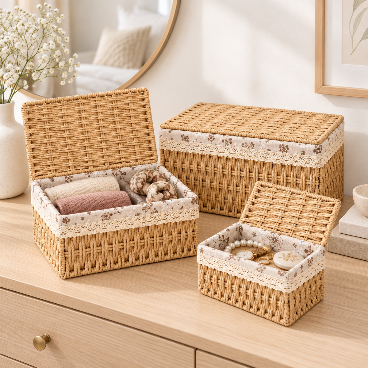 Wicker Storage Baskets with Lids – Woven Rattan Organizer Boxes with Fabric Lining-cc-092401
