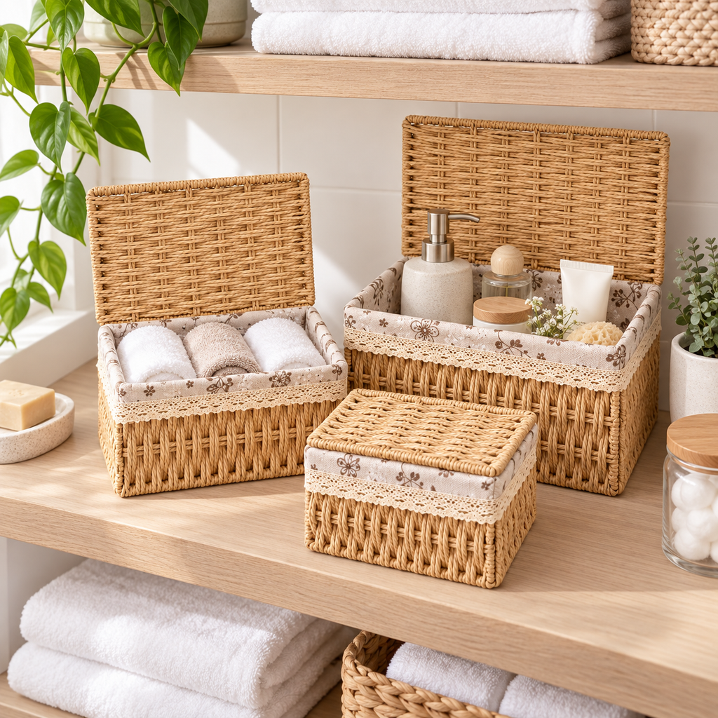 Wicker Storage Baskets with Lids – Woven Rattan Organizer Boxes with Fabric Lining-cc-092401