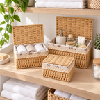 Wicker Storage Baskets with Lids – Woven Rattan Organizer Boxes with Fabric Lining-cc-092401