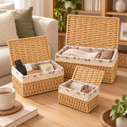 Wicker Storage Baskets with Lids – Woven Rattan Organizer Boxes with Fabric Lining-cc-092401