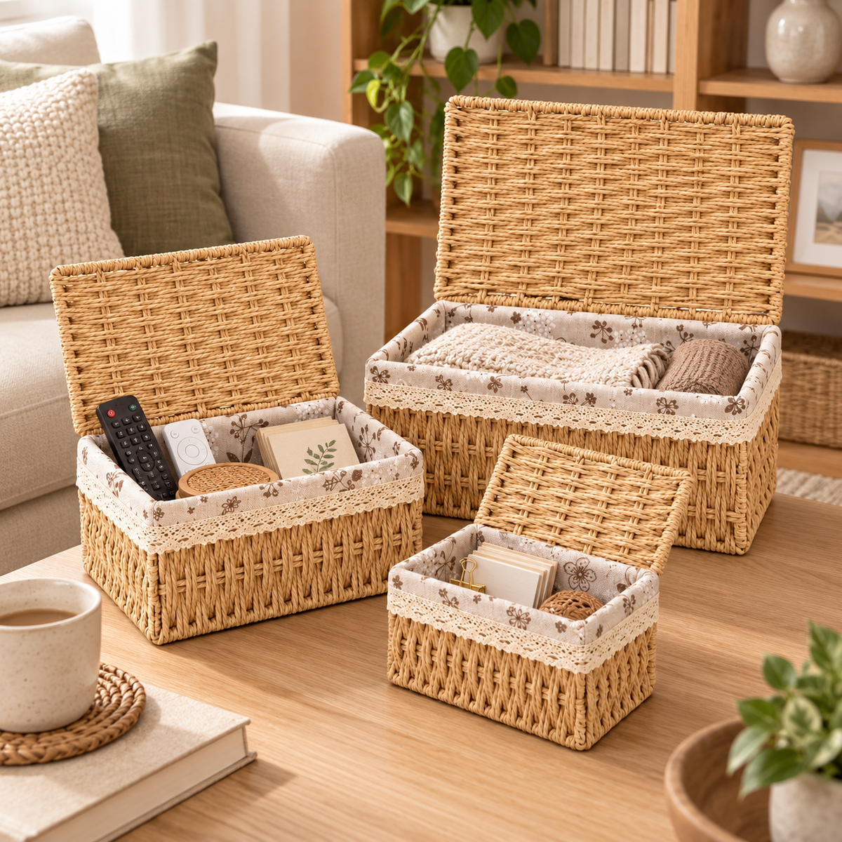 Wicker Storage Baskets with Lids – Woven Rattan Organizer Boxes with Fabric Lining-cc-092401