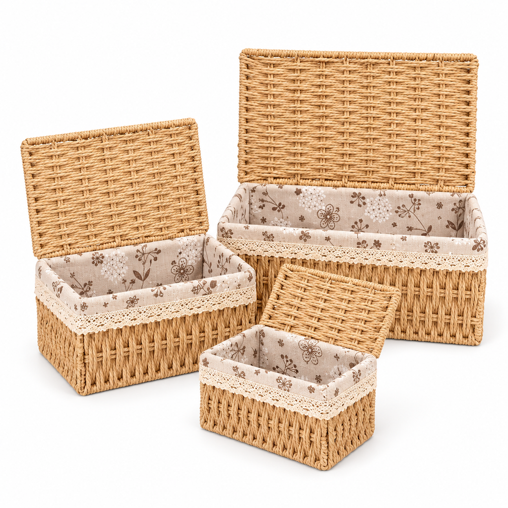Wicker Storage Baskets with Lids – Woven Rattan Organizer Boxes with Fabric Lining-cc-092401