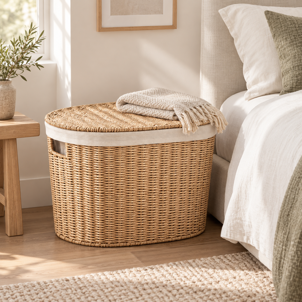 Wicker Laundry Hamper with Lid – Large Woven Storage Basket with Handles for Clothes, Blankets & Toys-cc-092402