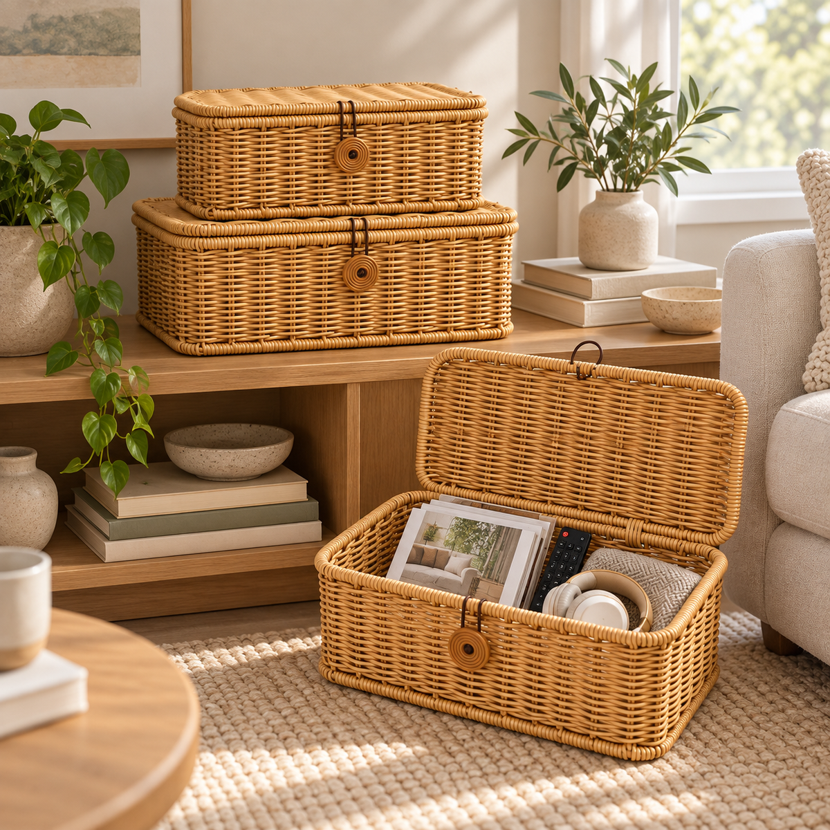 Wicker Storage Baskets with Lids – Rattan Organizer Boxes for Toys, Clothes & Home Storage-cc-092403