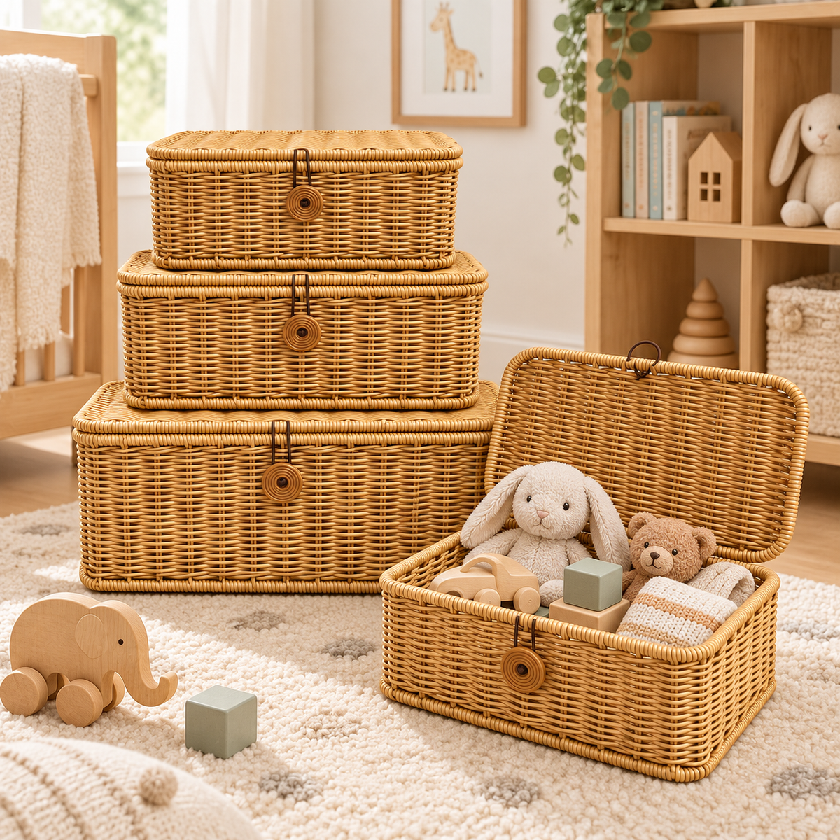 Wicker Storage Baskets with Lids – Rattan Organizer Boxes for Toys, Clothes & Home Storage-cc-092403