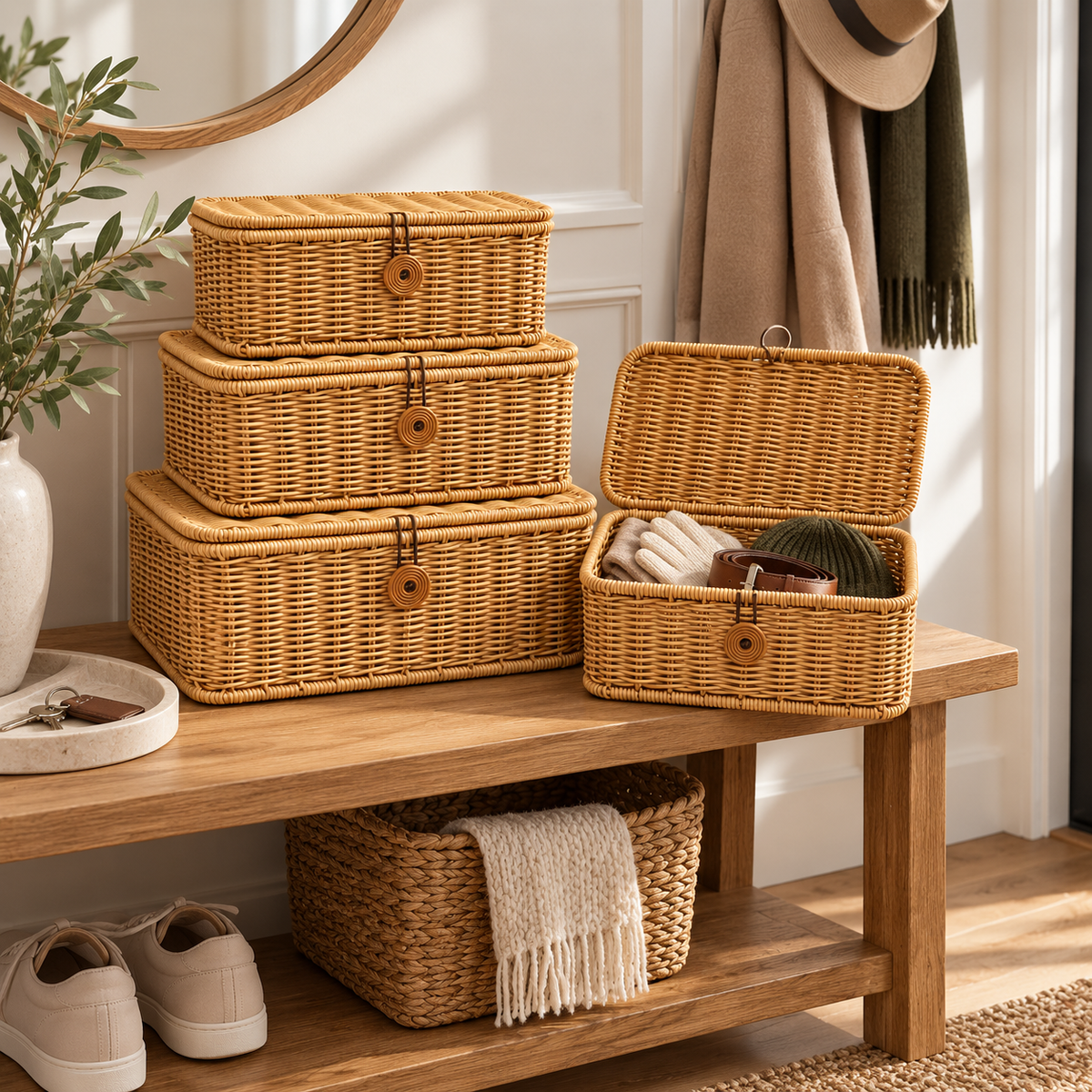 Wicker Storage Baskets with Lids – Rattan Organizer Boxes for Toys, Clothes & Home Storage-cc-092403