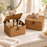 Cute Wicker Storage Baskets with Lids – Bear Decor Organizer Boxes for Toys, Accessories & Bedroom-cc-092404