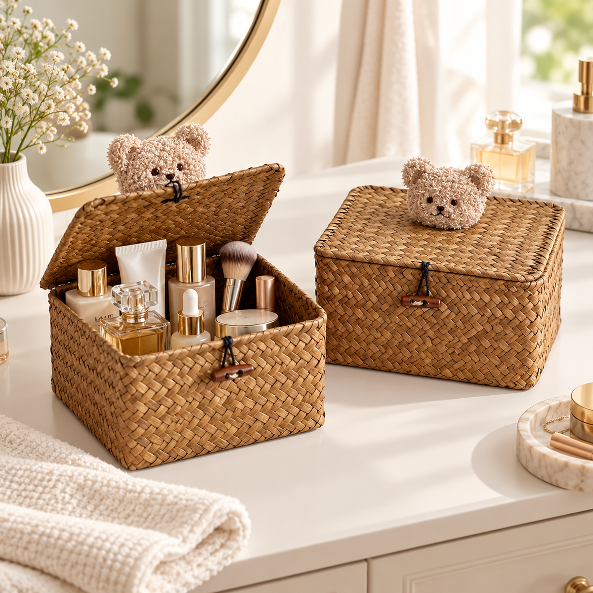 Cute Wicker Storage Baskets with Lids – Bear Decor Organizer Boxes for Toys, Accessories & Bedroom-cc-092404